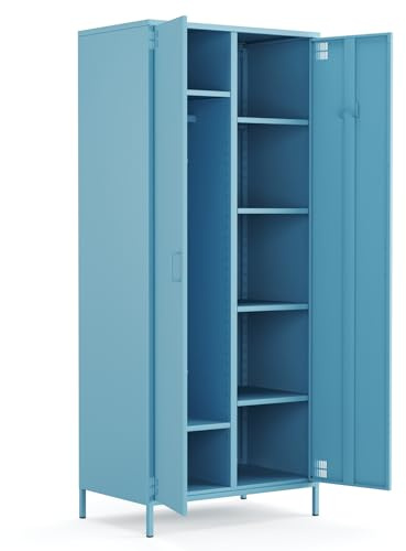 furni24 Metallschrank – Retro Garderobenschrank mit Kleiderstange – Robuste Aufbewahrungslösung mit verstellbaren Ablagen – Ideal für Schlafzimmer, Flur und Büro- Kleiderschrank mit 2 Türen, Blau
