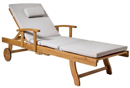 Beliani Garden Sun Lounger Acacia Wood Reclining with Castors Light Grey Cushion Java Premium