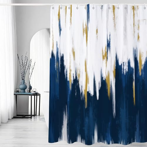 GCIREC Rideau de Douche, 90x180cm, Bleu Foncé Blanc Moderne Abstrait Coups de Pinceau Graffiti Imperméable Rideau de Salle de Bain Lavable en Machine avec Crochets
