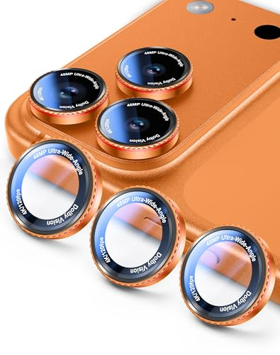 Kamita Camera Lens Protector Compatible with iPhone 17/16/15/14 Pro Max and Pro Series, HD Clear Individual Metal Lens Screen Protectors, Ultra-thin 9H Tempered Glass Camera Protection Ring (Orange)