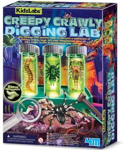 4M KidzLabs Glow Critter Lab, Illuminated Creepy Crawly Science Kit | Creepy Crawlies Come to Life in Illuminated Test Tubes, Science Project & Night Light for Kids Age 5+