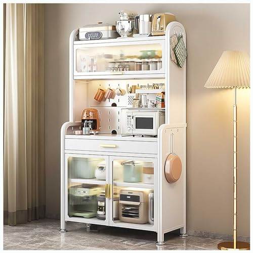 Weißes Küchenregal mit 5 Ebenen, verstellbaren Regalen, Schublade und Doppeltüren, perfekt für Zuhause, Büro, Speisekammer oder Garage, 177,8 x 69,8 cm, platzsparende Lösung