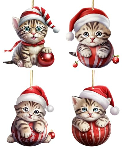 Quorvex Katze Weihnachtsschmuck 4 Teile | Weihnachtsbaum Deko Mit Santa Claus Mütze | 2D Acryl Anhänger Für Auto Tür Haus Rucksack Fenster Garten