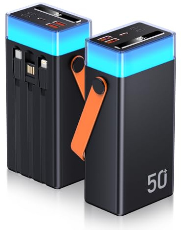 60000mAh Power Bank 22.5W Fast Charging Battery Pack USB C Portable Charger with Built-in Cables for Camping, Outdoor, Travel with Flashlight and 9 RGB Colours Changing for Smartphone