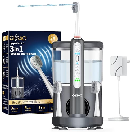 OILSAO Elektrische Zahnbürste mit Wasserflosser-Combo in einem, professionelle Zahnseide-Zahnbürste für Zahnreinigung und Zahnseide, Plaque-Entfernung, wiederaufladbar, 5 Bürsten-Modi und 3