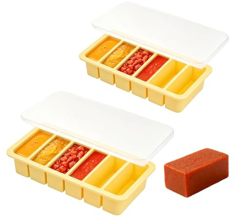 2 Stück 6 Löcher Silikon Gefrierform mit Deckel, BPA-frei Suppen Einfrieren Behälter mit Fülllinien, Extra Große BehäLter Zum Einfrieren für Suppen, Brühen, Soßen und Butter (Gelb)