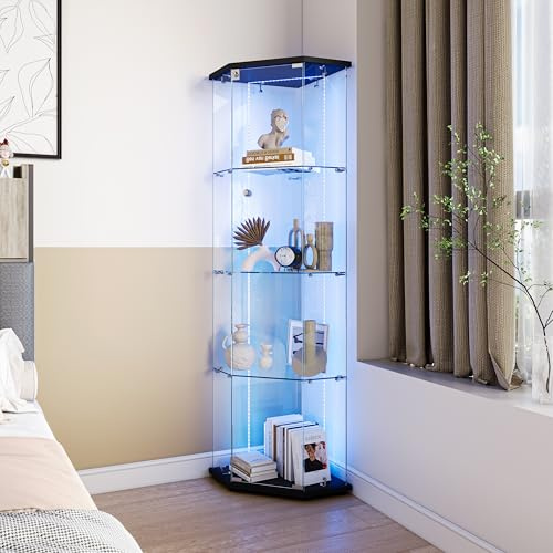 Vitrine en Verre,Vitrines d'angle en Verre avec LED,Hauteur de 162 cm Armoire de Collection en Verres à 4 Couches avec 1 Porte, vitrine trempé Transparent Moderne pour Salon, Chambre à Coucher, Bureau