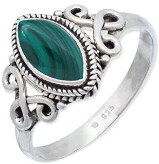 mantraroma Silber Ring Damen 925 Malachit Edelstein grün ausgefallen verspielt