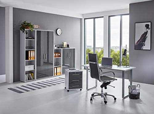 moebel-dich-auf Büromöbel Set Komplett TABOR 4 mit Schreibtisch, Rollcontainer, Aktenschränken & Regal – Büro Komplettlösung Korpus lichtgrau Front anthrazit Hochglanz
