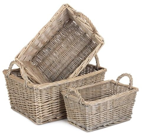 Red Hamper Set of Three Wicker Antique Wash Finish Handled Unlined Storage Basket, Brown, 29 x 39 x 18 cm