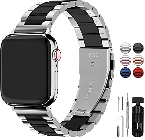 Fullmosa Compatible with Apple Watch Straps 45mm 44mm 42mm, Metal Stainless Steel Replacement Bands for iWatch SE/Series 9/8/7/6/5/4/3/2/1, Black & Protective Case