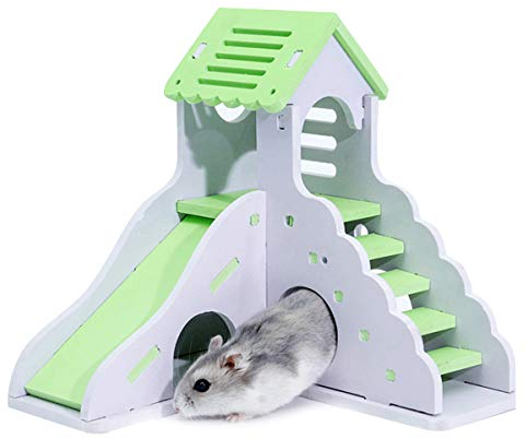 Haokaini Doppelschicht Hamster Haus Holz Doppeldecker Hütte Schlafnest Haustier Spielhaus mit Treppe Rutsche für Eichhörnchen Rennmäuse Hamster Goldbären Kleintiere