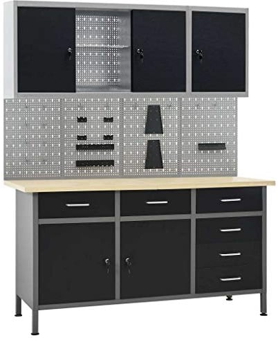 vidaXL Banco Lavoro con 4 Pannelli a Parete 2 Armadietti Ferramenta Articoli Attrezzature Tavolo Officina Fai da Te Garage Attrezzi Bancone Bricolage