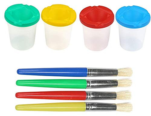 Paint Brushes Set, 4 Pieces Spill Proof Paint Cups and 4 Paint Brushes for Kids Paint Assortment Childrens Paintbrushes Spill Proof Paint Pots Art Paint Set for Toddlers