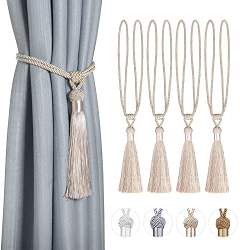 Dalababa 4 Stück Vorhanghalter Raffhalter Gardinenhalter Polyester Baumwoll Seil mit Quaste Vorhang Tiebacks Dekorative Fenster Einfarbig Gardinen Zubehör,Beige