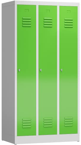 Lüllmann 3er Spind Spint komplett montiert Umkleide Stahl Kleiderspind 180x87x50cm Gaderobenschrank (RAL 7035/6018 lichtgrau/gelbgrün)