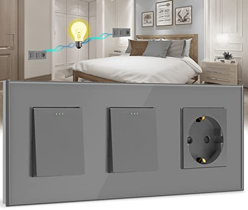 BSSED Doppio interruttore della luce con presa 1 scomparto a 2 vie, 10 A, pannello in vetro di cristallo da 10 A, con presa Schuko da 16 A, colore grigio, interruttore fisico con presa da 228 mm