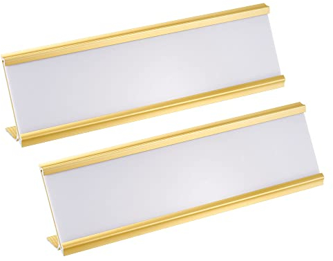 PATIKIL 2 x 7.8inch Aluminum Name Plate Holder, 2Pcs L Type with White Blank Engraved Name Plate for Desk Office Business Door Sign Holder Gold Tone
