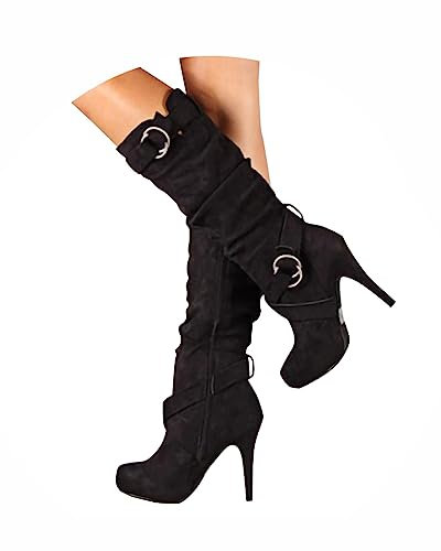 Minetom Stiefel Damen Wildleder Winterstiefel Mit Stiletto Langschaft Boots High Heel Stiefel Reißverschluss Ringschnalle Dekorative Winterschuhe A Schwarz 39 EU