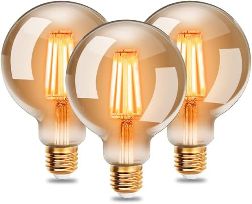 EXTRASTAR Edison Vintage Glühbirne, 95mm Durchmesser, G95 E27 LED Filament Lampe, 6W Ersetzt 48W Glühlampe, 540 LM, 2200K Warmweiß, Bernsteinfarbenes Glas, Nicht Dimmbar, 3 Stück