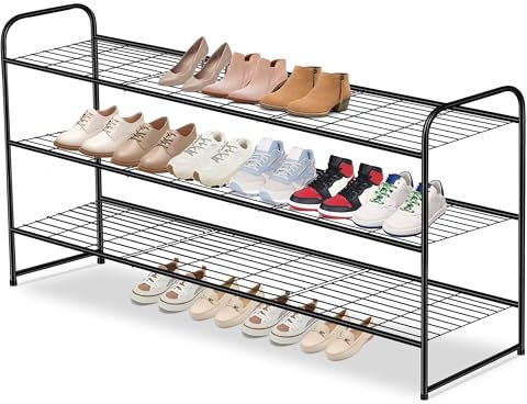 AOODA Langes Schuhregal aus Metall mit 3 Etagen für Schrank, breit, stapelbar, Schuhaufbewahrung für Eingangsbereich, Schlafzimmer, Boden, 24 Paar Herren-Sneaker-Schuhregal mit Drahtgitter, Schwarz