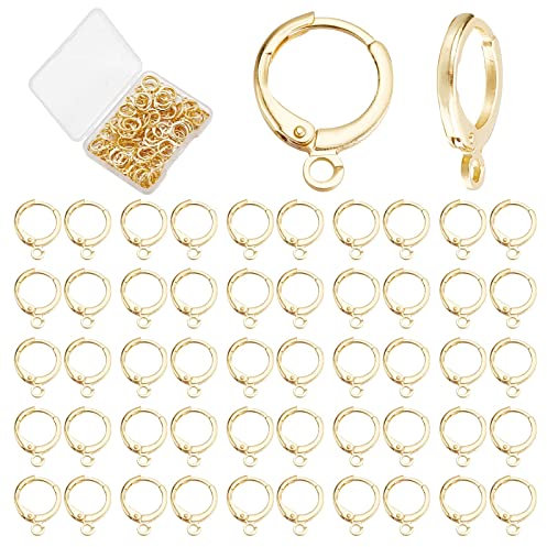 CREATCABIN 1 Box 100Pcs 18K Gold Plated Brass Round Earring Hooks with Loop Leverback Earring Wires Jewelry Making Findings French Ear Wires DIY Dangle Drop Pierced Earrings Parts 0.57 x 0.46in