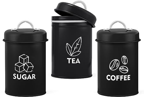 Homikit Tea Coffee Sugar Canisters Set of 3, Metal Food Storage Jars with Airtight Lids, Decorative Kitchen Storage Tins for Farmhouse/Countertop Décor, Sturdy & Easy To Clean, Retro Design - Black