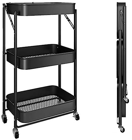 ASAB Storage Trolley on Wheels Foldable Design 3 Tier Trolley 360° Rotatable Wheels Mesh Trays 60kg Load Capacity No Assembly Book Cart Makeup Kitchen Storage Trolley Rolling Cart for Bathroom Office