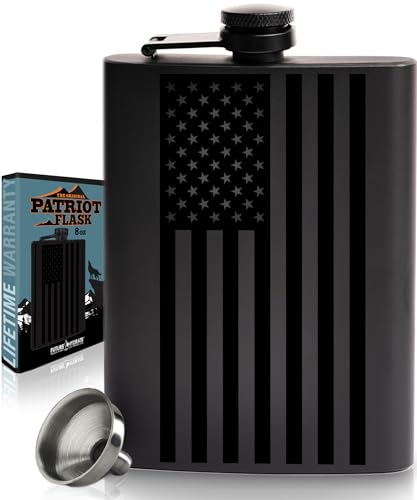 Black American Flag Hip Flask (8oz) Premium Matte Black | 304 Highest Food Grade Stainless Steel | Leak Proof Slim Hip Flasks | Classic American Flag Design | Bonus Funnel (8 Ounces)