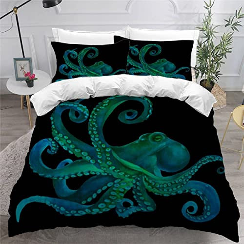 AKATIE Bettwäsche 155x220 Krake Bettbezug 3D Druck flauschig Hypoallergen Bettwäsche-Set 3Teilig Teenager Jungen Mädchen Mikrofaser Bunt Blauer Ozean-Oktopus Betten Set