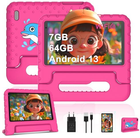 AOCWEI Tablet para Niños Android 13, Tablet 7 Pulgadas |7(4+3) GB RAM 64GB ROM Ampliable a 512GB |Kids Educativos |Control parenta l4 Core | WiFi 6 |Bluetooth 5.0|Dual Cámara |Funda EVA