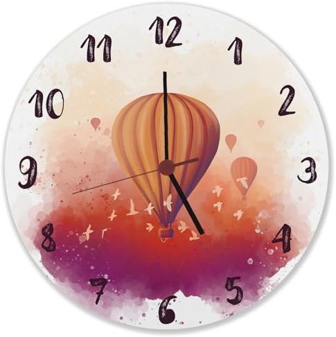 speecheese Heißluftballon in Wasserfarbenoptik Wanduhr Schöne Uhr mit gemaltem Ballon vor rotem Himmel als Dekoration für das Kinderzimmer oder Wohnzimmer