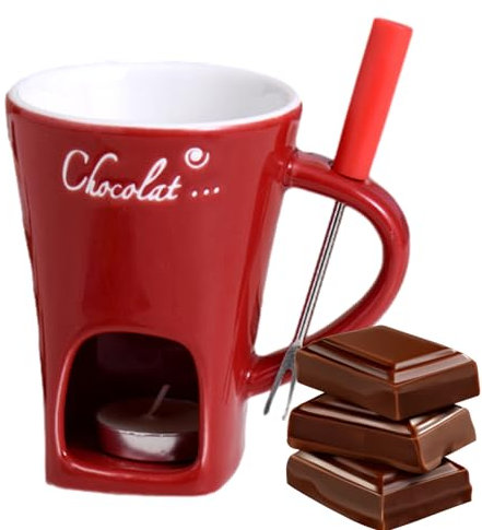 Diaza Tasse à fondue en céramique de 130 ml, tasse à fondue en céramique avec fourchette à fondue, tasse à fondue aux bougies, fondue personnelle au chocolat de 350 g, tasse à fondue élégante avec