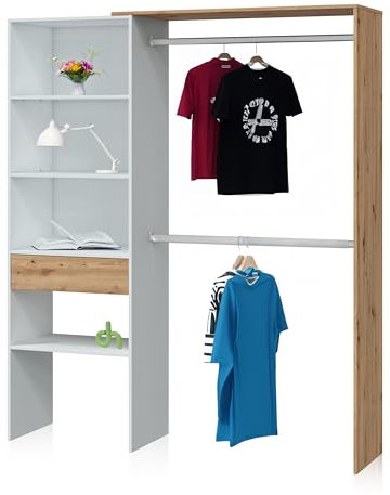 duehome Kleiderschrank, offener Schrank, wendbar, Modell Ezra, Finish in weichem Weiß und Nodi-Eiche, Maße: 158 cm (L) x 187 cm (H) x 40 cm (T)