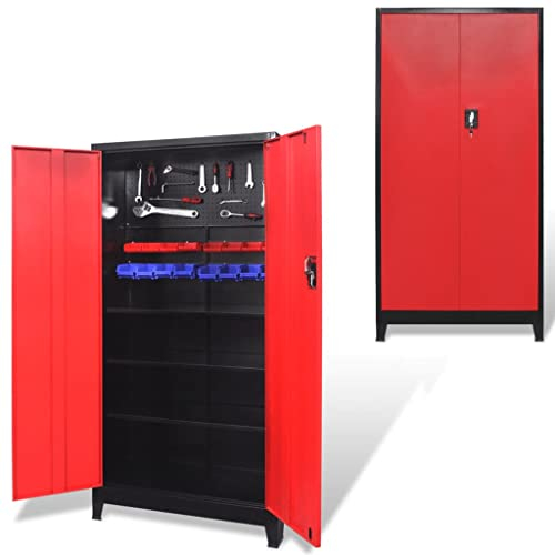 AJJHUUKI Home Items, Werkzeugschrank mit 2 Türen, Stahl, 90 x 40 x 180 cm, Schwarz und Rot, Anzugmöbel