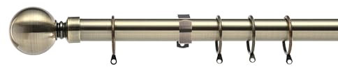 Lister Cartwright 28mm Antique Brass Fixed Metal Curtain Pole Set Rings with Ball Finial Voile Easy fit to Outdoor, Bedroom, Living Room (120 cm)