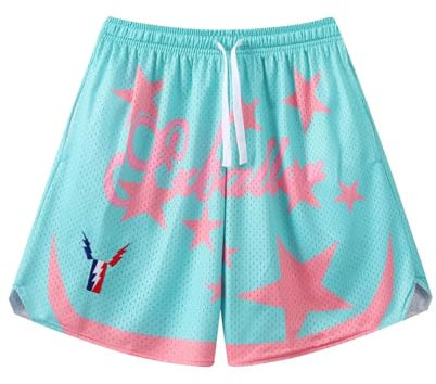BOOMLEMON Herren-Basketball-Shorts, Fitnessstudio, Training, athletische Shorts, Netz-Grafikdruck, Laufhose, Star Lake Blue, Groß