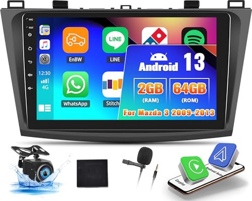 OiLiehu 2G+64G Android 13 Radio Coche 2 DIN Carplay Android Auto para Mazda 3 2009-2013 Pantalla Radio Coche 9 Pulgadas con Mirror Link/EQ/Bluetooth/SWC/FM RDS/WiFi/GPS/Cámara de Marcha Atrás