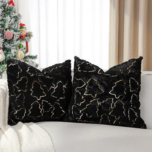 Lewondr Kissenbezug, 45x45CM Satz von 2 Kunstpelz gemütliche weiche Kissenbezug mit Luxus Pailletten Bestickt Weihnachtsbaum Kissenbezug für Bett Home Wohnzimmer, Schwarz & Golden
