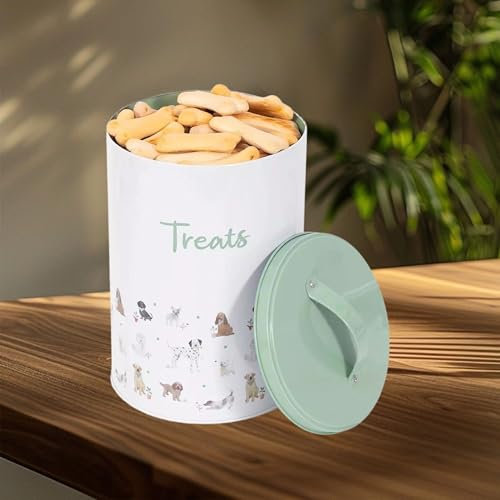 Shop4allsorts White Dog Treat Tin Biscuit Jar Storage Tin Puppy Food Container Jar With Sage Lid & Handle