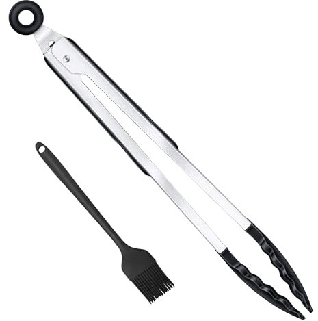 Pinzas de cocina de silicona, 35 cm, pinzas largas, pinzas de cocina, pinzas para barbacoa y cepillo de silicona, con bloqueo, pinzas de cocina con punta de silicona