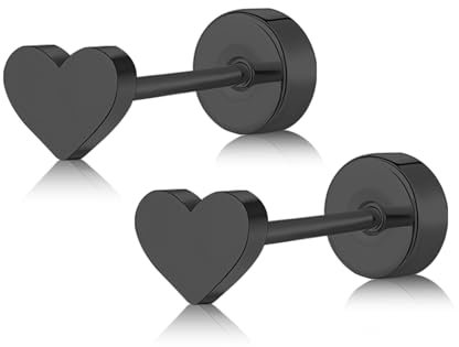 ZDE Women Earrings Flat Back Heart Earrings Titanium Hypoallergenic Non-Nickel Cartilage Studs for Sensitive Ears Simple Classic 5mm Tiny Gold Screw On Stud Earring (Heart-Black)