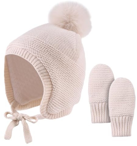 Baby Wintermütze mit Ohren Warme Babymütze Baby Mädchen Jungen Winter Kind Mütze Handschuhe Ohrenklappen Mütze mit Fleece (0-6 Monate, Beige(Hut+Fäustling))
