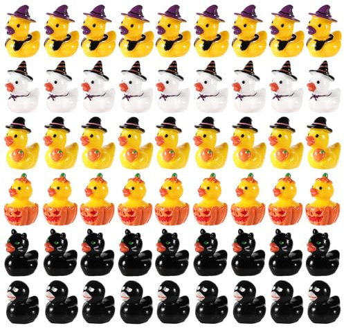 120pcs Miniature Halloween Ducks, Halloween Resin Mini Ducks Witch Skeleton Pumpkin Black Cat Broom Mini Duck Assorted Halloween Ducks for Garden Dollhouse Ornament Halloween Party Favor