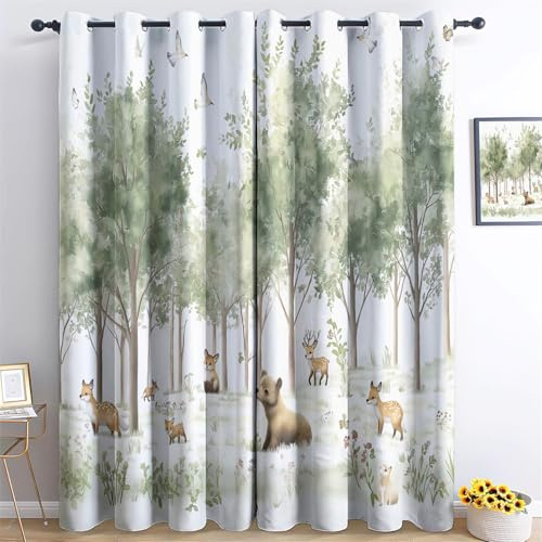 vorhänge Blickdicht Aquarell Wald Kleiner Bär Muster Gardinen Mit Ösen weiche Verdunkelungs H166 x B75 cm (2er Pack) Junge Mit Mädchen Grün