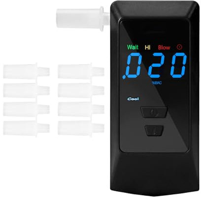 Homcocie Alkoholtester, tragbarer Atemalkoholmessgerät mit wiederaufladbarem USB-Gerät, professioneller Breathalyzer mit 8 Mundstücken, für den persönlichen und professionellen Gebrauch