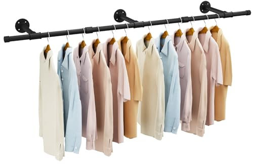 IBUYKE Industrial Pipe Clothing Rack, 156cm Wall Mounted Clothes Rack, Space-Saving Hanging Closet Rod, Heavy Duty Multi-Purpose Wall Mounted Clothes Rail for Closet and Laundry Room, Black TYJ007H