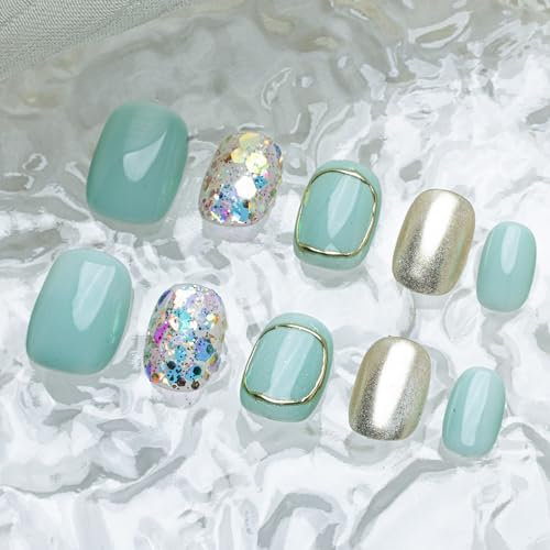Sun&Beam Nails Handmade Press-on Short Squoval Round Blue Gold Colorful Glitter Minimalist Design Fashion False Nail Tips 10 Pcs Set (#181 L)