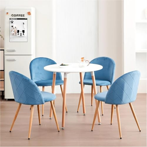 DEYARNA HOME Essgruppe Set Tisch und Stühle, Esstisch und 4 Stuhl, Samt-Esszimmerstühle, Tischplatte aus MDF, Schwarze Tischbeine, Moderner Küchentisch Set (Weiß/Blau, 80 * 80 * 75cm)