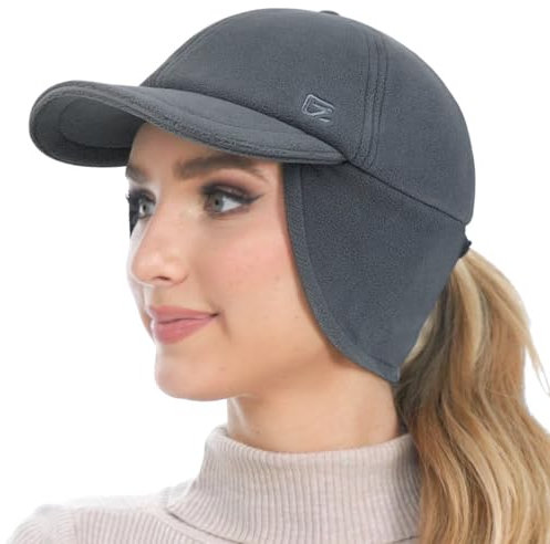 GADIEMKENSD Fleece Wintermützen für Frauen mit Doppelter Pferdeschwanzöffnung und Ohrklappen Ohrenwärmer Reflektierende Elastische Baseballmütze Thermische Mütze für Lauftraining Dunkelgrau